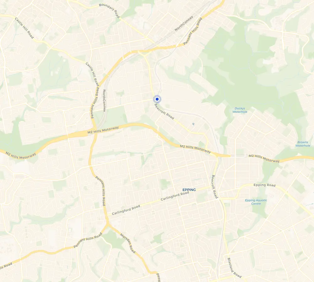 Map of the Beecroft service area and the surrounding Upper North Shore, showing Beecroft and the nearby streets we cover.