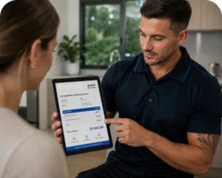 Plumber showing a Beecroft customer the quote on a tablet