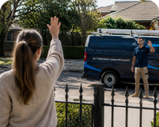 Customer waving goodbye to a Beecroft Blocked Drains plumber